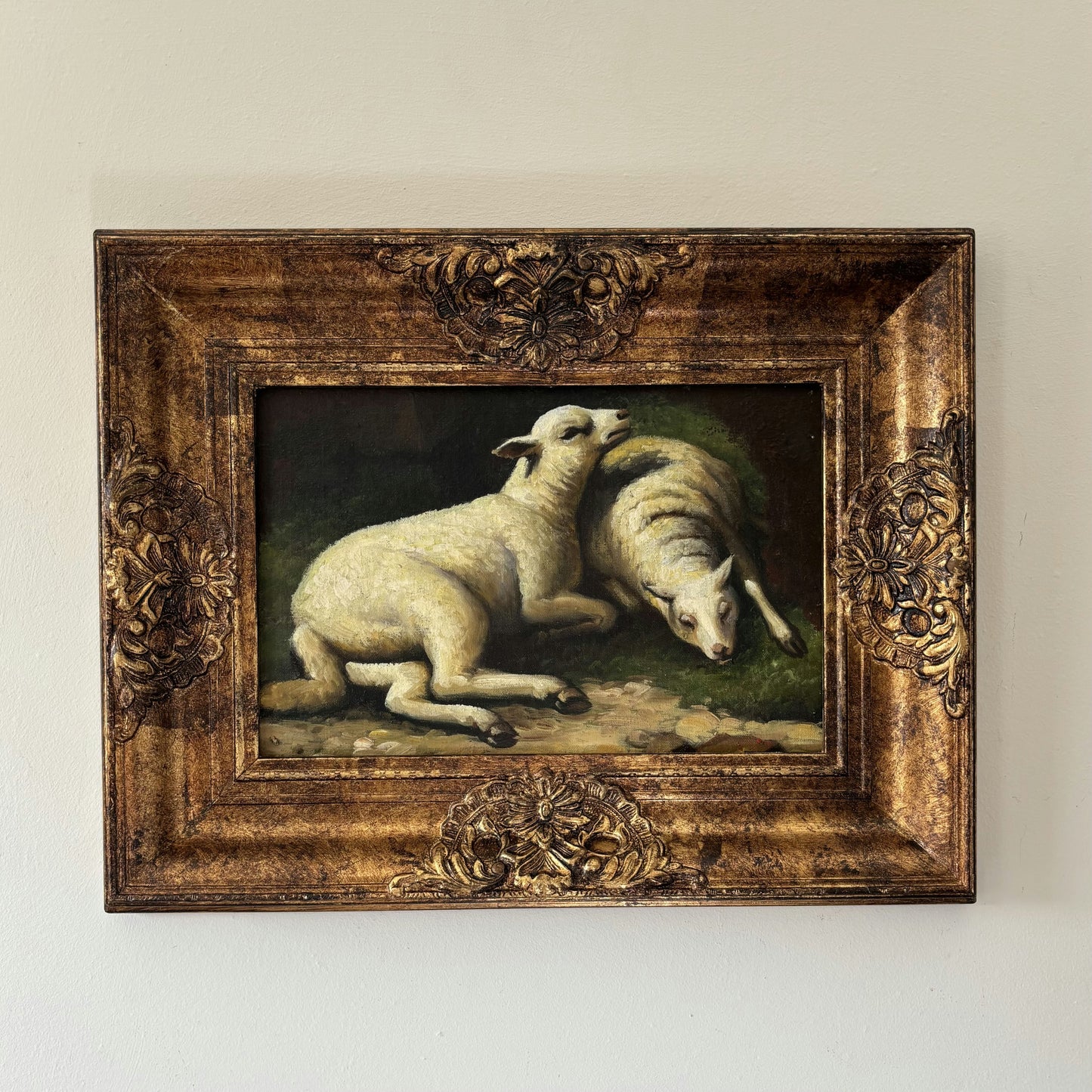 Marvelous Oil Painting Animals "Resting Lambs" Vintage French Artwork