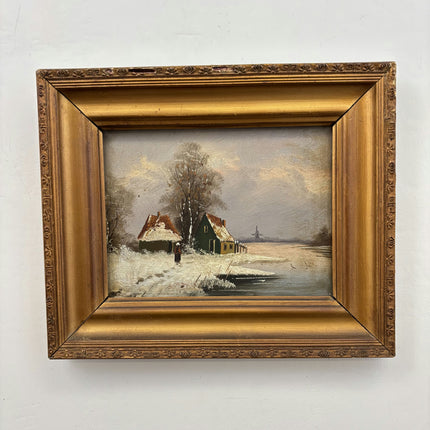 Original Winter Landscape Oil Painting "Snowy Cottages" Rustic Small Artwork Holland Art Shop