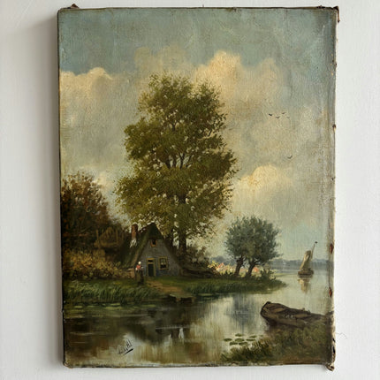 Antique Landscape Oil Painting "Tall Tree" Timeless Small Artwork Holland Art Shop