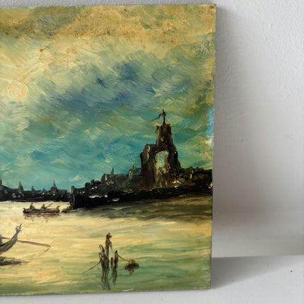Handcrafted Harbor Scene Oil Painting "Gondola Boats" Refined Small Artwork Holland Art Shop