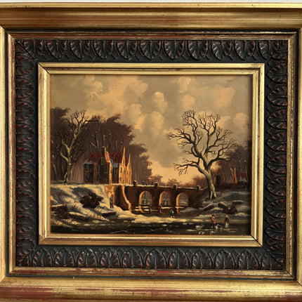 Traditional Oil Painting Scenery "Snowy Bridge" Antique Small Artwork