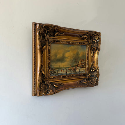 19th Century Antique Winter Landscape Oil Painting "Ornate Frame" Small Art Holland Art Shop