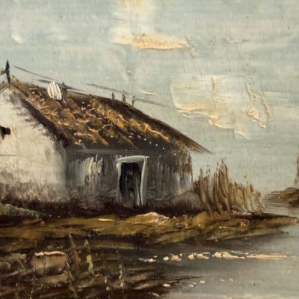 Rustic Farm Oil Painting "Thatched Cottage" Vintage Small Artwork Holland Art Shop