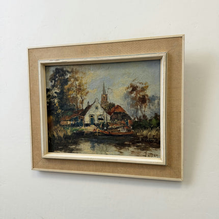 Timeless Farm Oil Painting "Riverside Cottage" Vintage Small Art Holland Art Shop