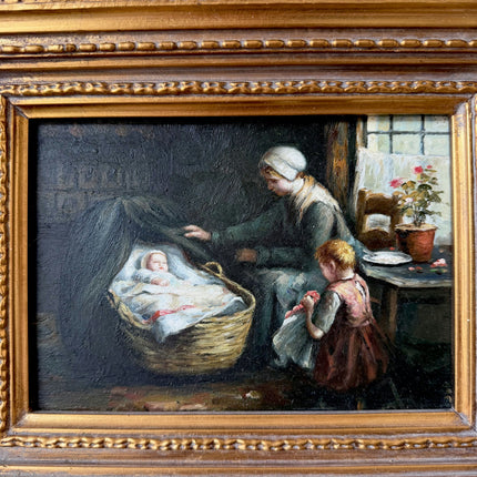 Classic Oil Painting Interior "Caring Grandmother" Vintage Small Art Holland Art Shop