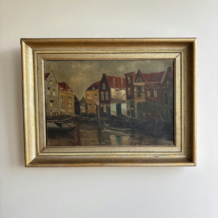 Elegant Cityscape Oil Painting "Harbor Houses" Original Art Holland Art Shop