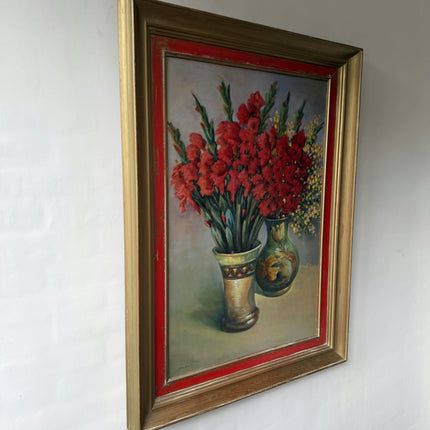 Traditional Flowery Still Life Oil Painting "Red Gladiolus" Belgique Artwork Holland Art Shop