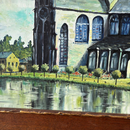 Ca. 1910 Cityscape Oil Painting "Riverside Church" Elegant Artwork Holland Art Shop