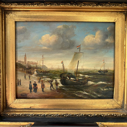 19th Century Antique Harbor Scene Oil Painting "Gilded Frame" Artwork Holland Art Shop