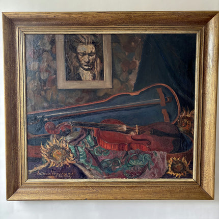 1927 Flowery Still Life Oil Painting "Violin Still" Den Haag Artwork Holland Art Shop