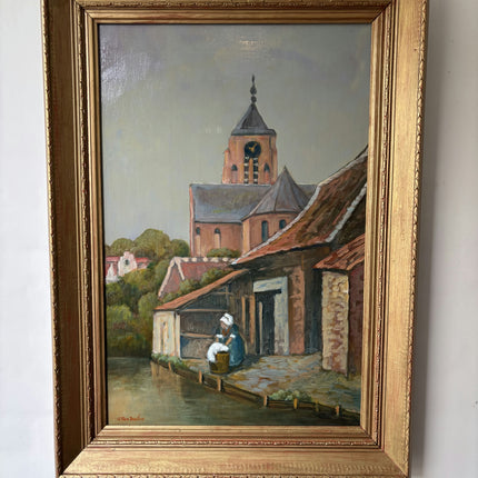Vintage Cityscape Oil Painting "Church Tower" Original Belgique Art Holland Art Shop