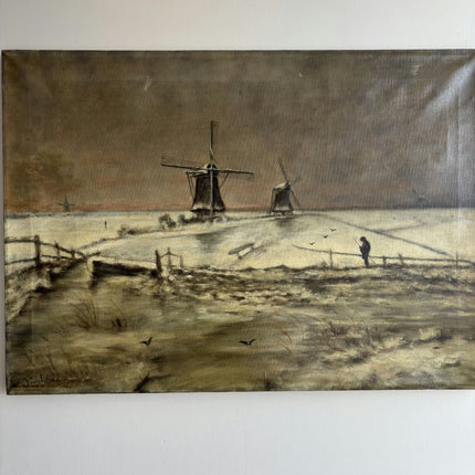 Vintage Landscape Oil Painting "Windmill Pair" Original Dutch Artwork Holland Art Shop