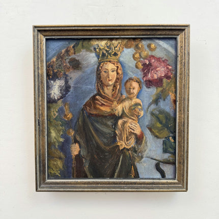 Rustic Religious  Oil Painting "Crowned Madonna" Handcrafted Small Artwork Holland Art Shop