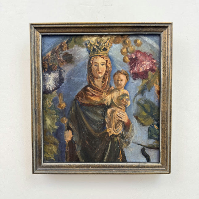 Rustic Religious  Oil Painting "Crowned Madonna" Handcrafted Small Artwork Holland Art Shop