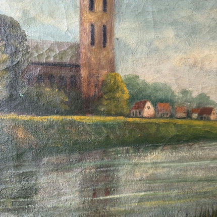 1921 Antique Harbor Scene "River Tower" Large Art Holland Art Shop