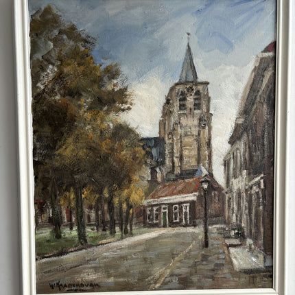 Vintage Cityscape Oil Painting "Church Tower" Original Art Holland Art Shop