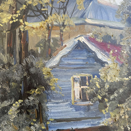 Refined Landscape Oil Painting "Blue Cabin" Vintage Art Holland Art Shop