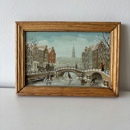Fine Oil Painting Cityscape "Ice Skating Scene" Vintage Small Artwork Holland Art Shop