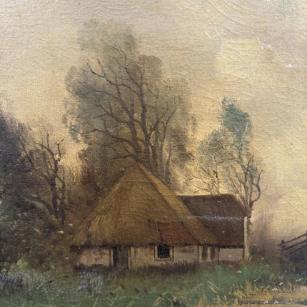 19th Century Antique Landscape Oil Painting "Thatched Cottage" Artwork Holland Art Shop