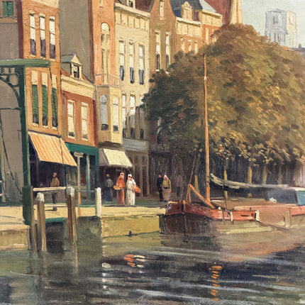 Handcrafted Harbor Scene Oil Painting "Canal Boat" Original Large Art Holland Art Shop
