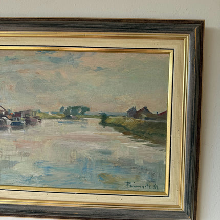 Remarkable Oil Painting Harbor Scene "River Boats" Striking Belgique Artwork Holland Art Shop