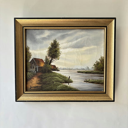Traditional Landscape Oil Painting "Riverside House" Original Small Art Holland Art Shop