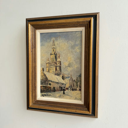 Detailed Cityscape Oil Painting "Snowy Church" Handcrafted Small Art Holland Art Shop