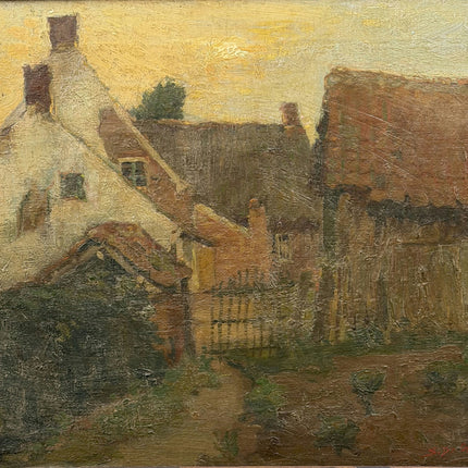 19th Century Antique Landscape Oil Painting "Village Roofs" Artwork Holland Art Shop
