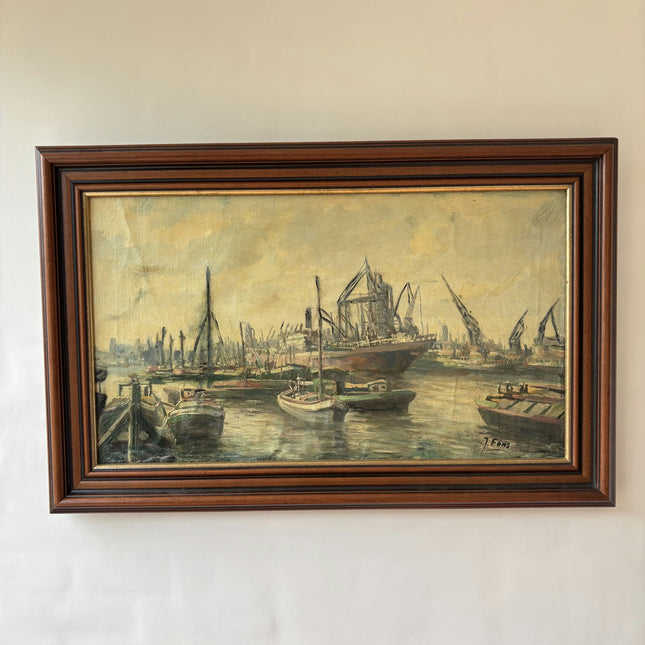 Original Interior Oil Painting "Harbor Boats" Vintage Large Art Holland Art Shop