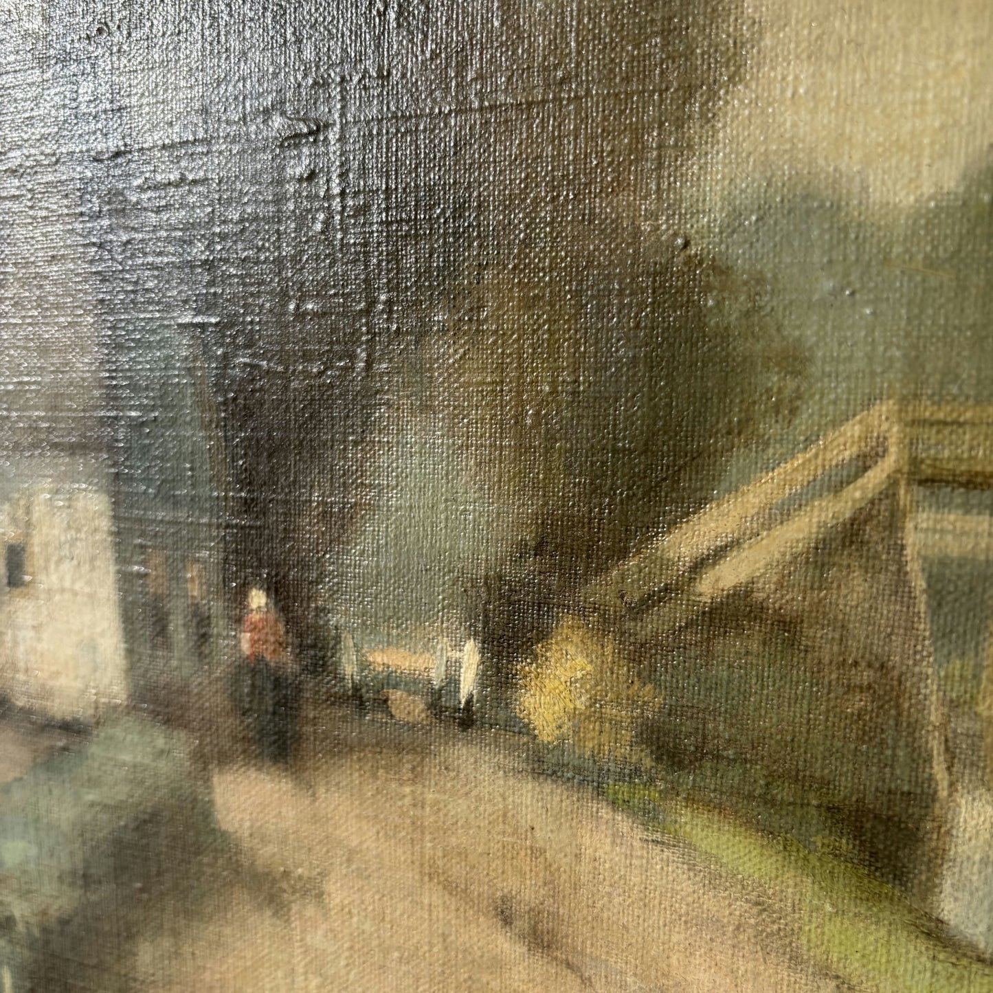 Antique Painted Village Cottage Trees Bridge Path Oil Painting Vintage Authentic