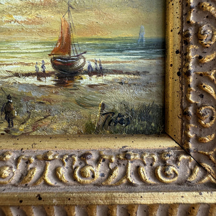 Vintage Seascape Oil Painting "Gilded Frame" Rustic Small Artwork Holland Art Shop