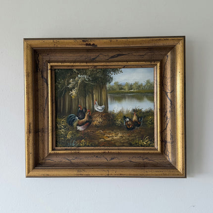 Detailed Farm Oil Painting "Rooster Group" Original Small Artwork Holland Art Shop