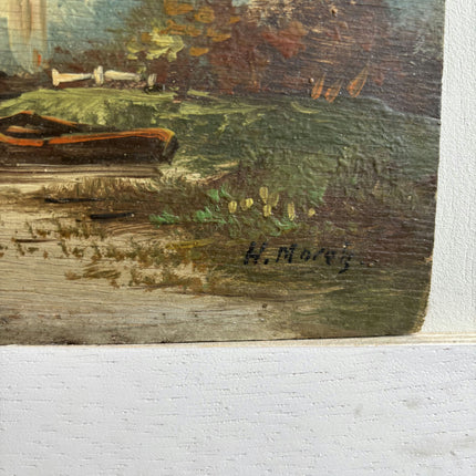 19th Century Antique Landscape Oil Painting "Rowboat Bay" Small Artwork Holland Art Shop