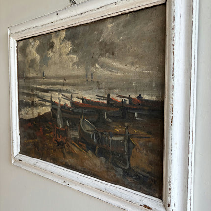 Rustic Seascape Oil Painting "Fishing Boats" Handcrafted Artwork Holland Art Shop
