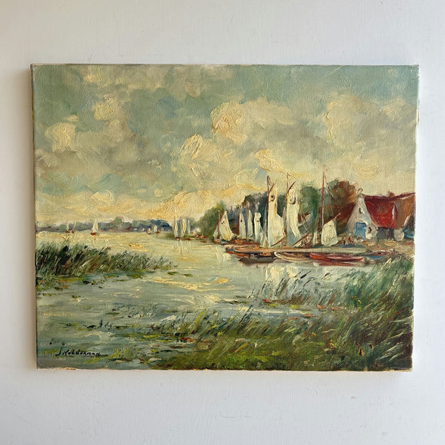 Vintage Harbor Scene Oil Painting "Sailboats Cluster" Timeless Artwork Holland Art Shop