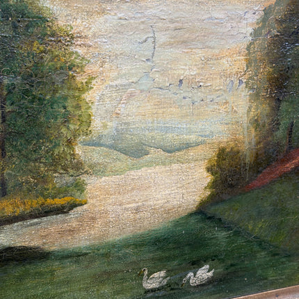 19th Century Antique Landscape Oil Painting "Pair Of Swans" Art Holland Art Shop