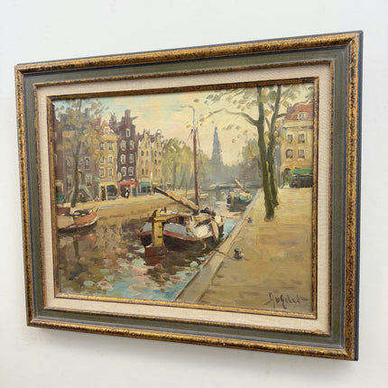 Elegant Cityscape Oil Painting "Canal Boats" Traditional Artwork Holland Art Shop