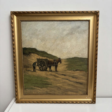 Antique Landscape Oil Painting "Working Horse" Authentic Art Holland Art Shop