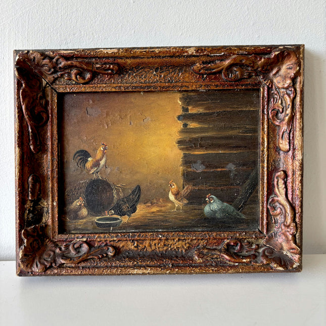 Figurative Oil Painting Animals "Chickens Gathering" Original Small Art Holland Art Shop