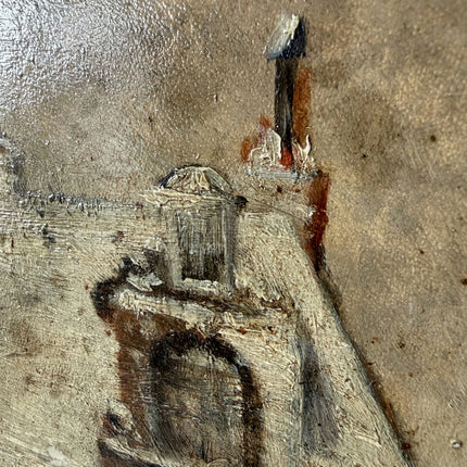 19th Century Antique Cityscape Oil Painting "Snowy House" Small Artwork Holland Art Shop