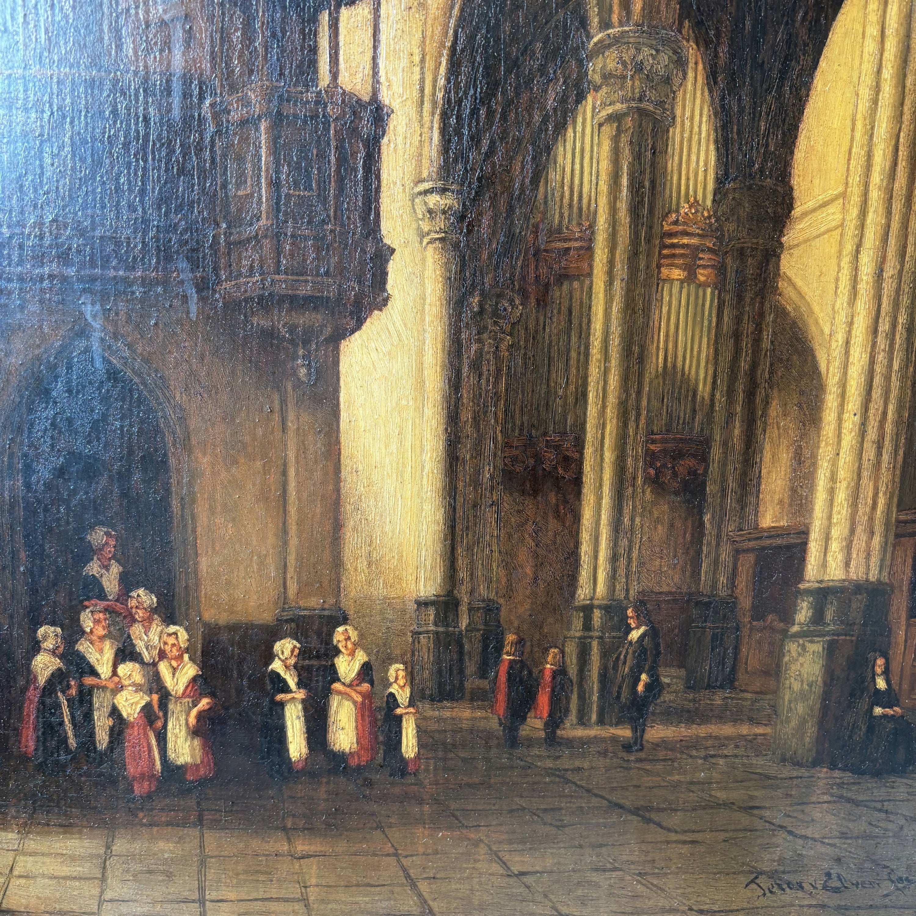 19th Century Gothic Church Interior Columns Figures Light Antique Oil Painting