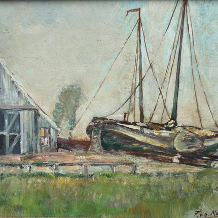 Refined Harbor Scene Oil Painting "Sailboat Dock" Detailed Small Artwork Holland Art Shop