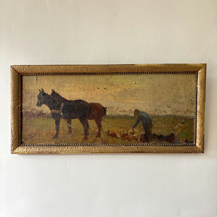 19th Century Antique Figurative Oil Painting "Pair Of Horses" Dutch Art Holland Art Shop