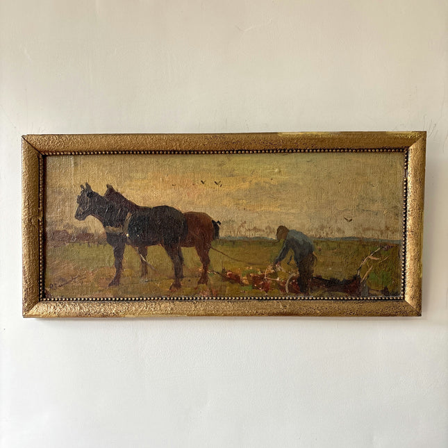 19th Century Antique Figurative Oil Painting "Pair Of Horses" Dutch Art Holland Art Shop