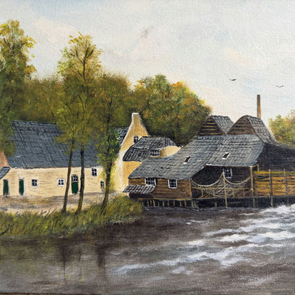 Antique Oil Painting Landscape "Riverside Houses" Remarkable Small Artwork Holland Art Shop
