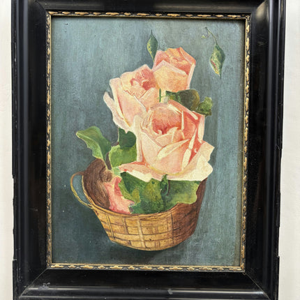 1932 Floral Still Life Oil Painting "Rose Basket" Small Artwork Holland Art Shop