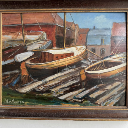 Expressive Harbor Scene Oil Painting "Rowboats Dock" Refined Artwork Holland Art Shop