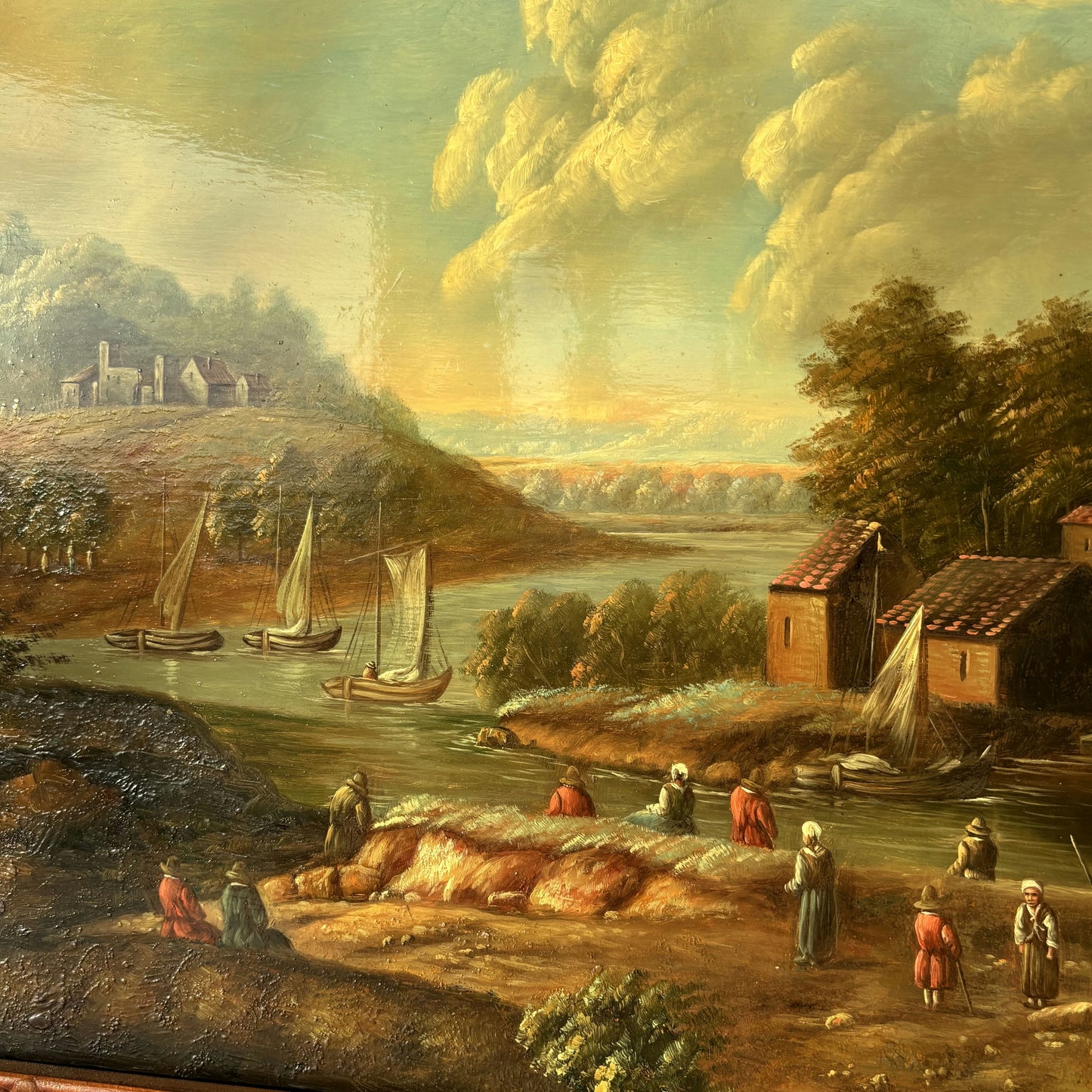 Marvelous Oil Painting Cityscape "Fishing Village" Fine French Art