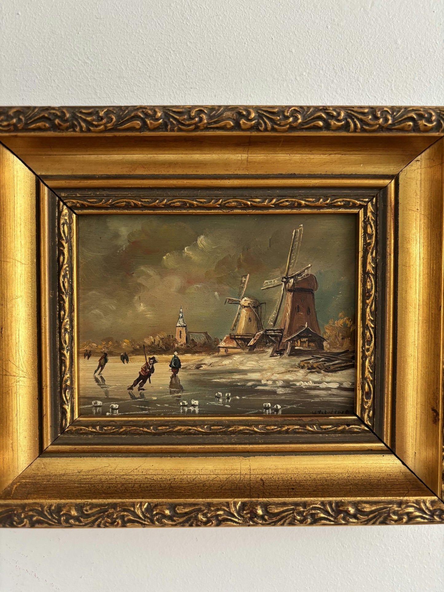 Figurative Oil Painting Winter Landscape "Ice Skaters Delight" Fine Small Art