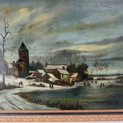 19th Century Antique Winter Landscape Oil Painting "Snowy Village" Large Artwork Holland Art Shop